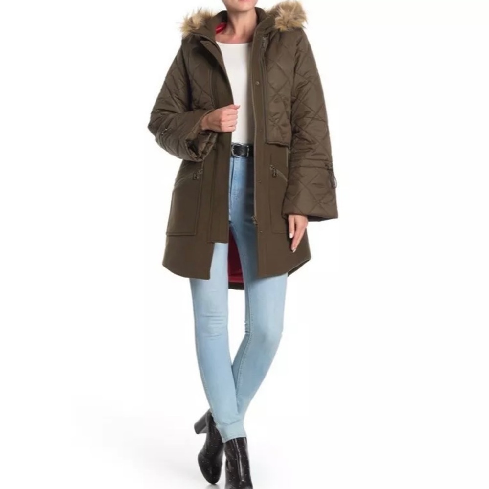 NWT JOIE Green Layered Faux Fur Trim Coat